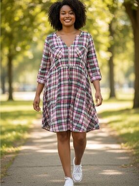 Torrid Pink Green Plaid Challis Zip Front High Low Shirt Dress | 1